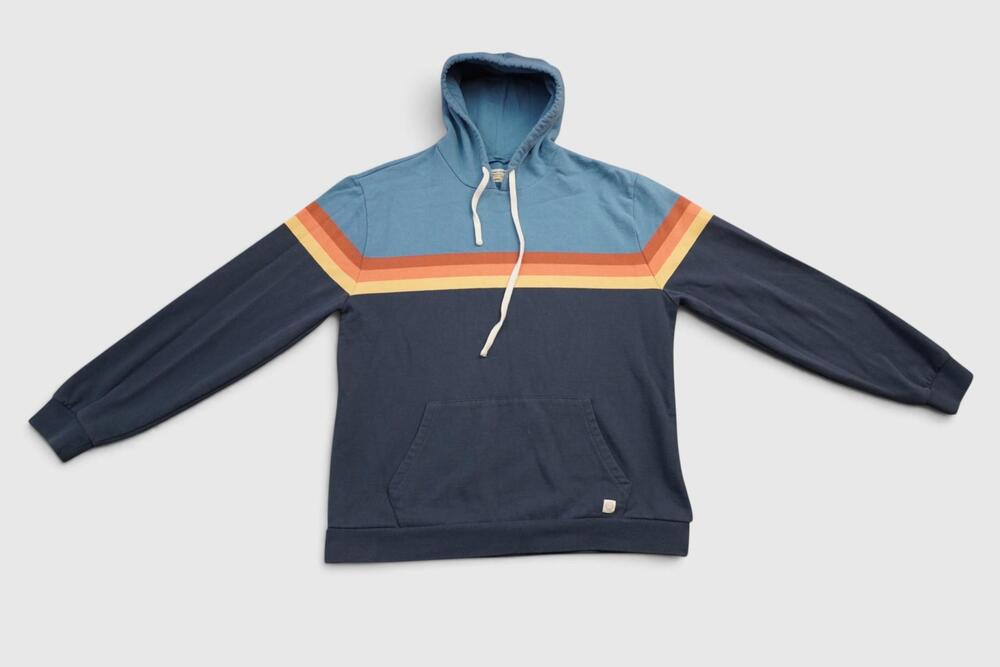 Marine Layer Hoodie Mens Large Blue Retro Stripe Pullover Fleece Kangaroo Pocket - Picture 3 of 13